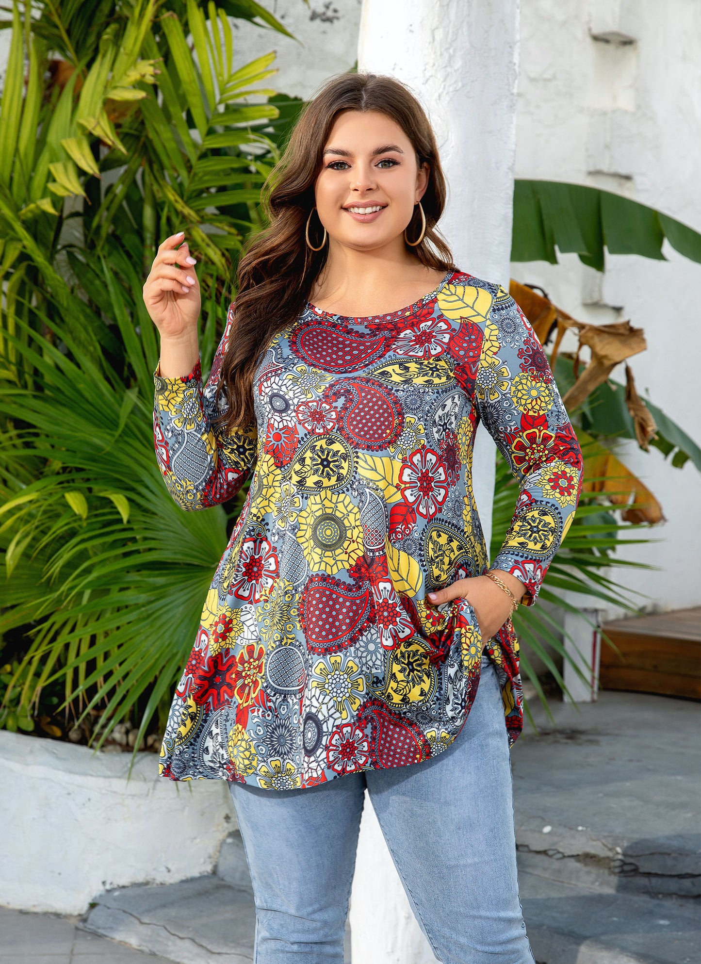 Womens Tunic Tops 3/4 Sleeve Plus Size Crew Neck Swing Flare Loose Fit T-Shirt Blouses to Wear with Leggings