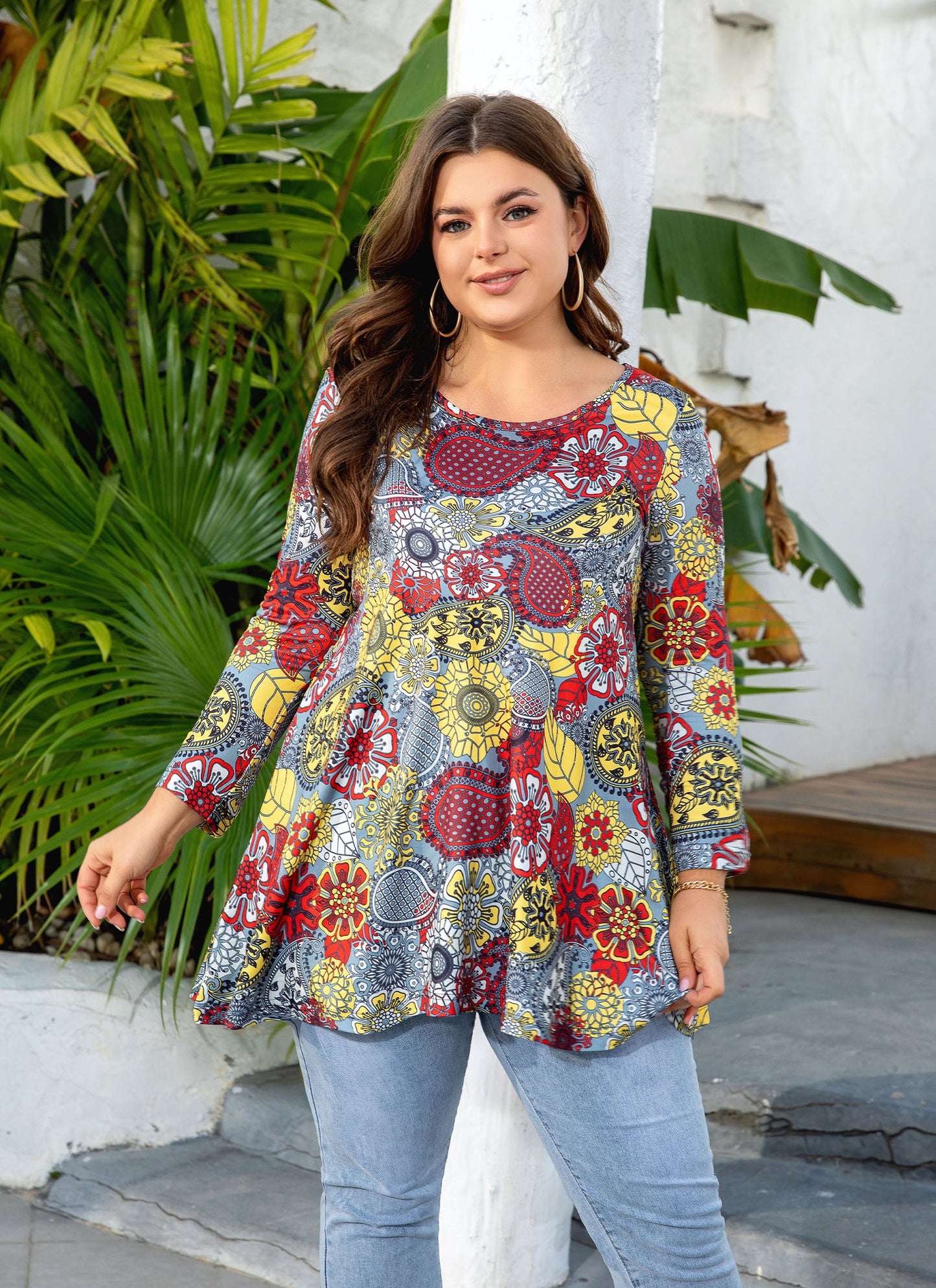 Womens Tunic Tops 3/4 Sleeve Plus Size Crew Neck Swing Flare Loose Fit T-Shirt Blouses to Wear with Leggings