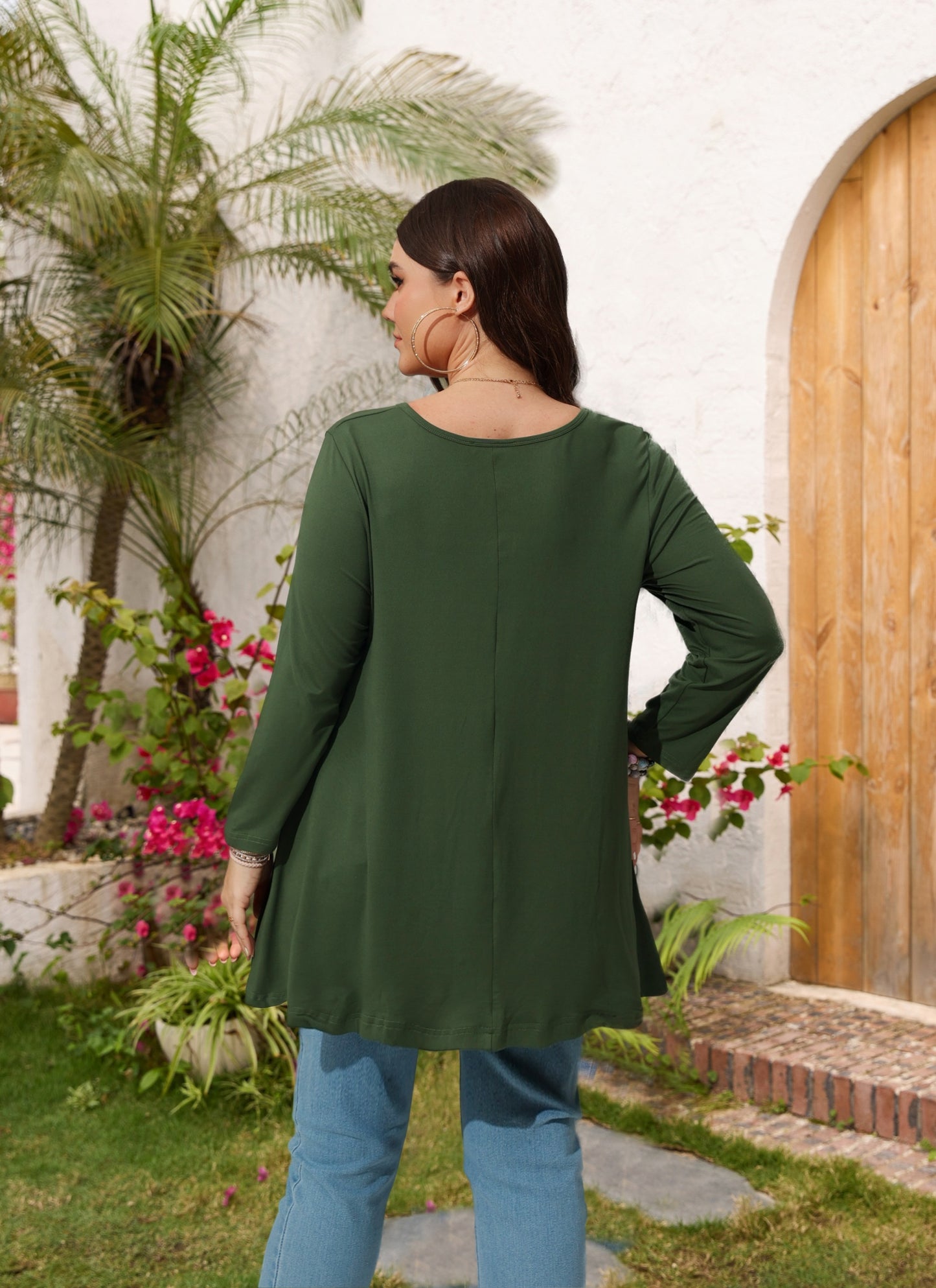 Womens Tunic Tops 3/4 Sleeve Plus Size Crew Neck Swing Flare Loose Fit T-Shirt Blouses to Wear with Leggings