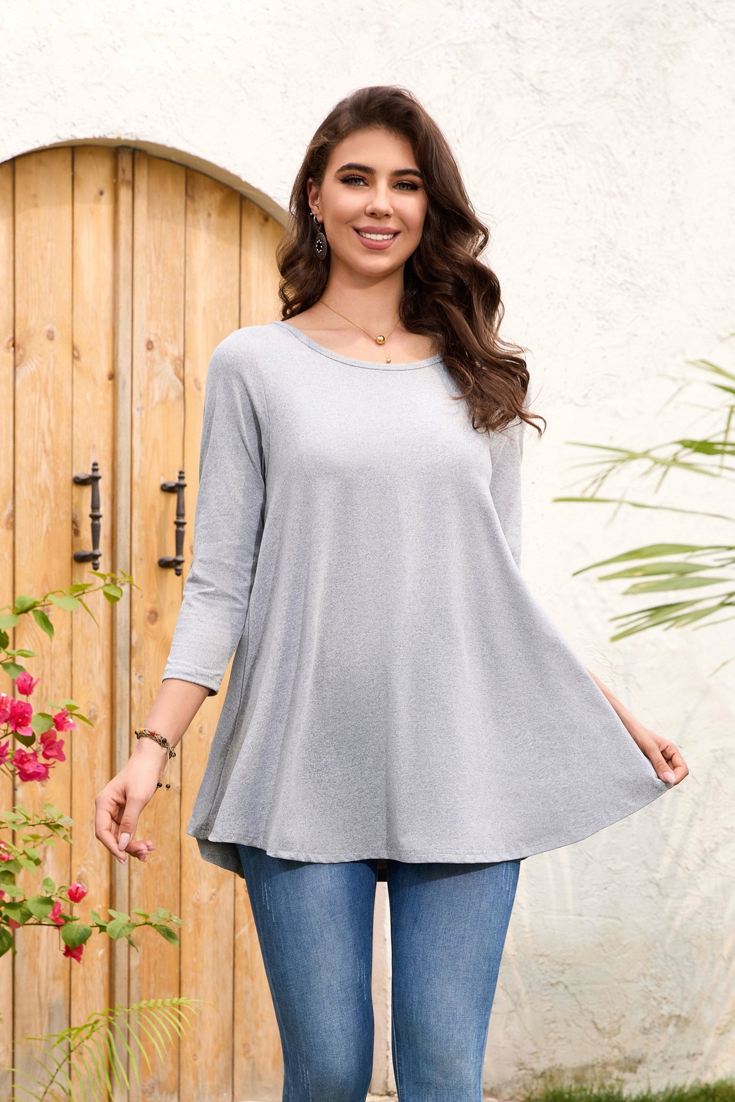 Tunic Tops for Women Plus Size 3/4 Sleeve Crew Neck Swing Flare Loose T-Shirt Blouses to Wear with Leggings