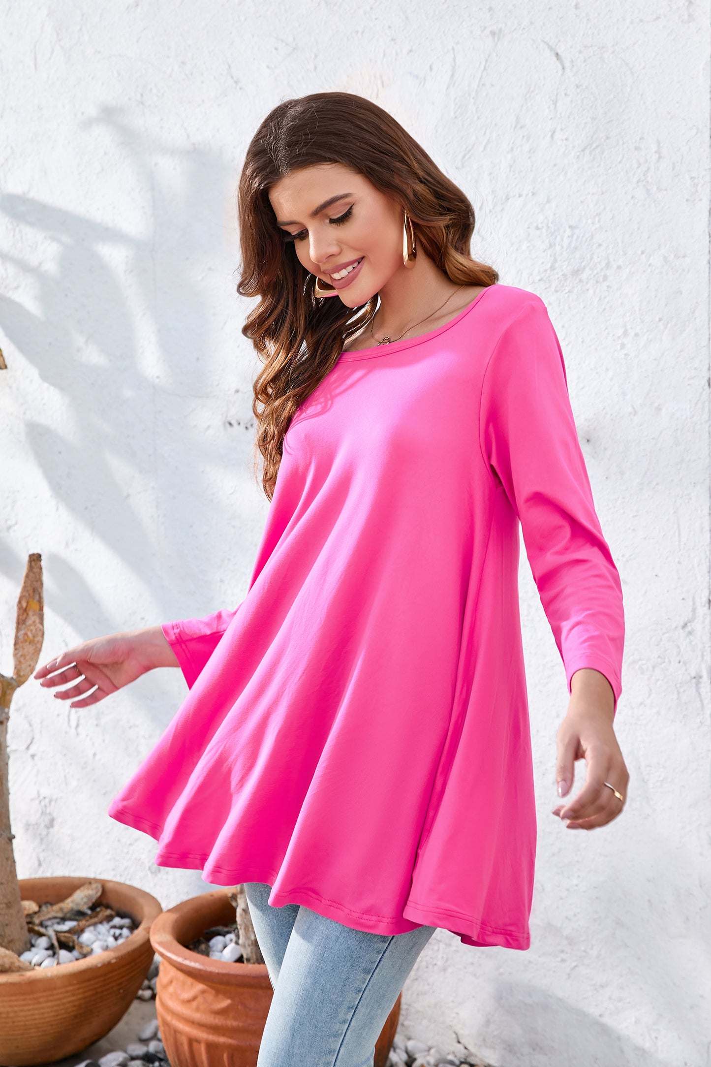 Tunic Tops for Women Plus Size 3/4 Sleeve Crew Neck Swing Flare Loose T-Shirt Blouses to Wear with Leggings